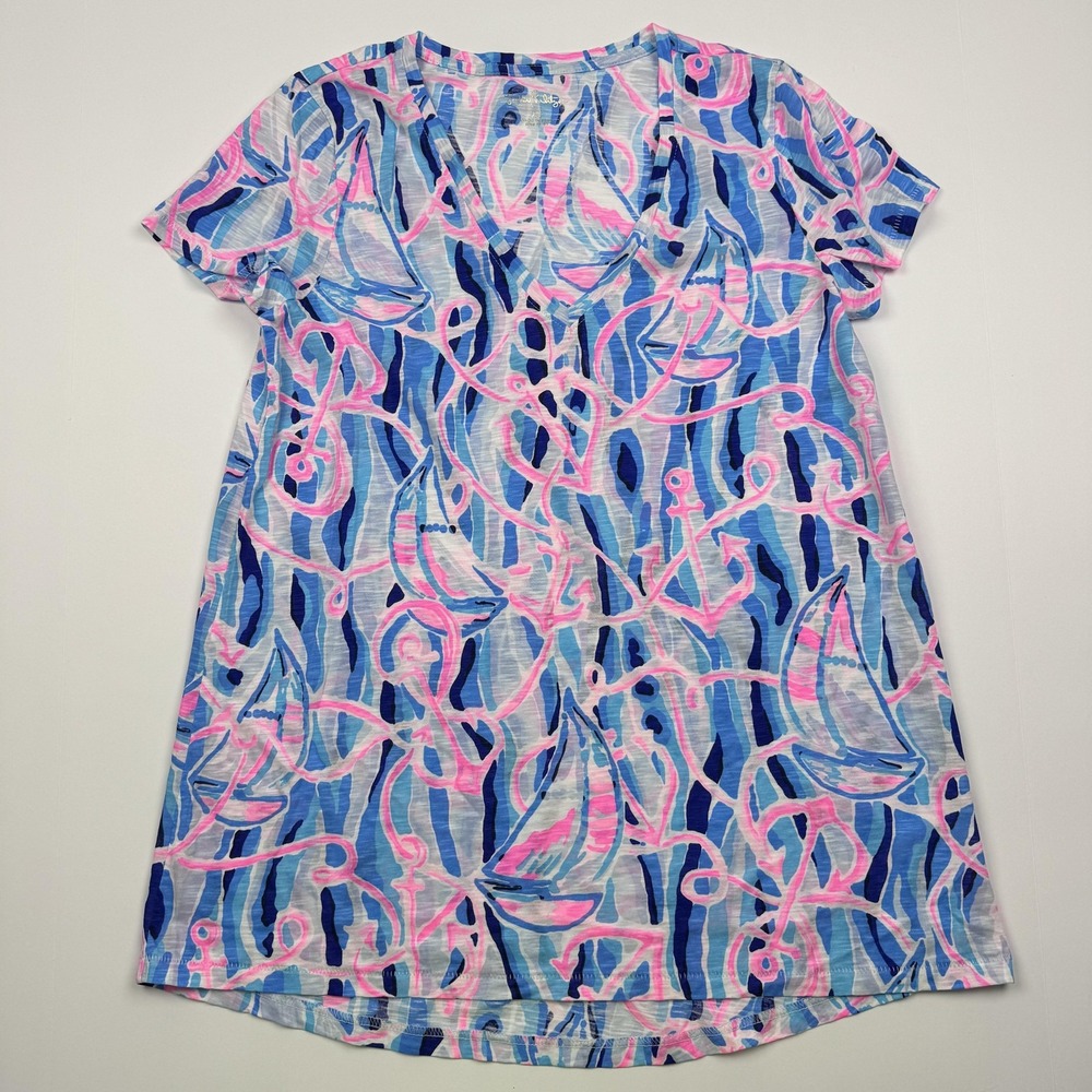 Lilly Pulitzer T Shirt Dress Womens XS Blue Pink Sailboat V Neck Nautical